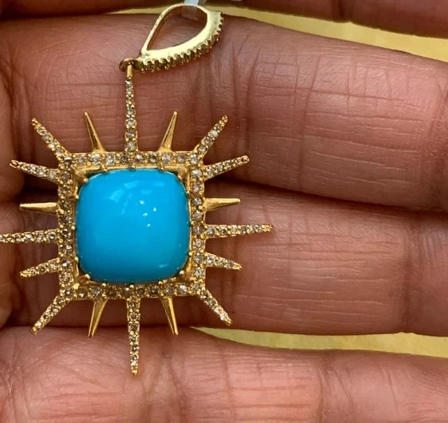 Sleeping Beauty Turquoise & Diamond 14K Yellow Gold Over Sun Pendant 18″Necklace