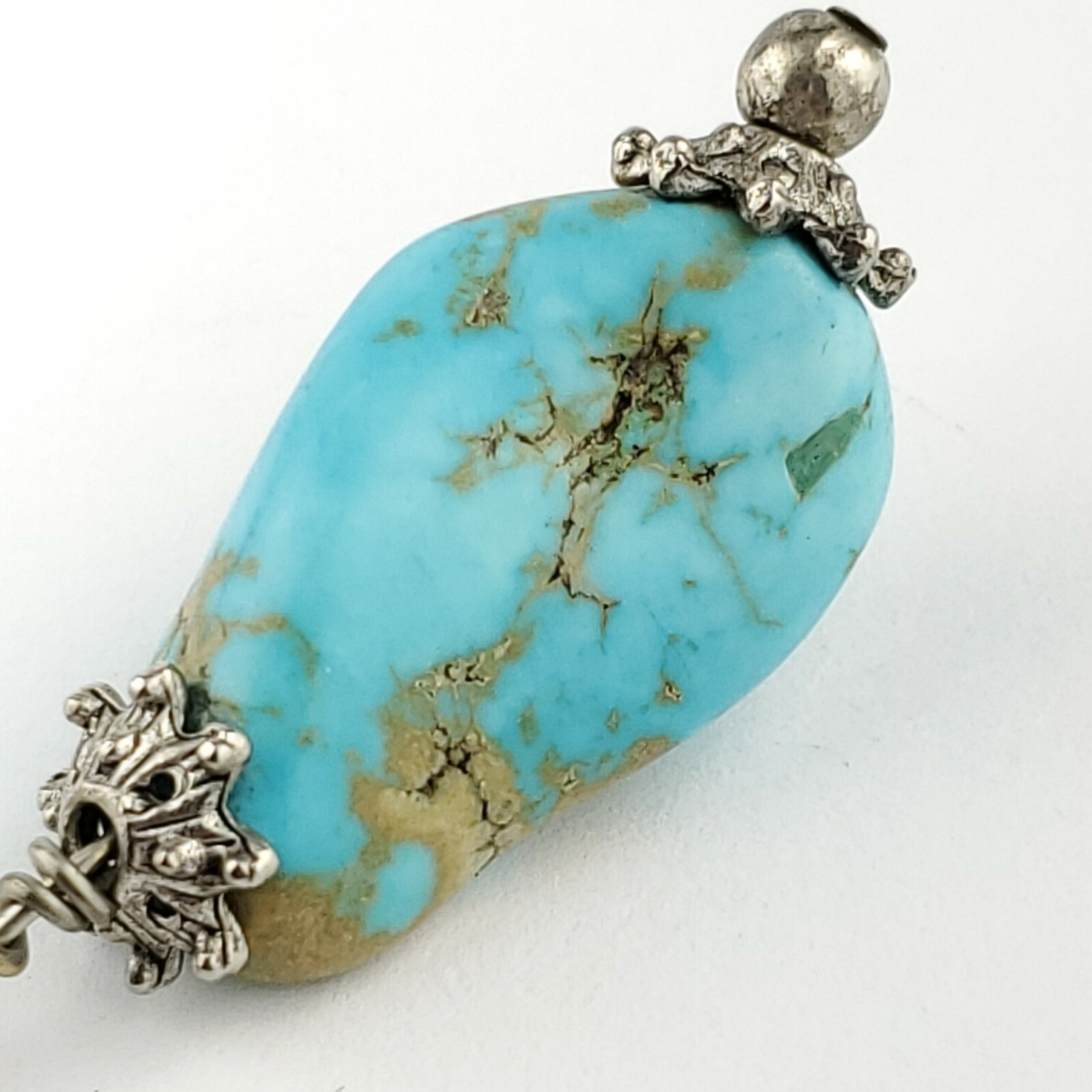 Handmade Turquoise Stone Nugget Charm Pendant Silver Tone Metal Lobster Clasp 2″