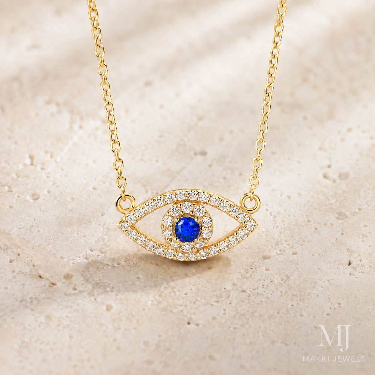 Natural Blue Sapphire Evil Eye Necklace 14K Gold Vermeil September Birthstone