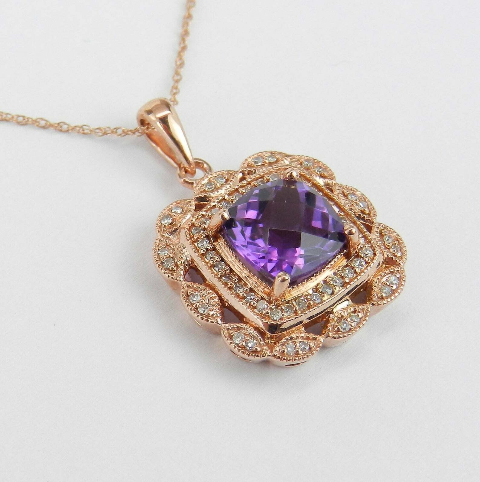 2.90 Ct Cushion Cut Amethyst & Diamond Women’s Halo Pendant 14K Rose Gold Finish