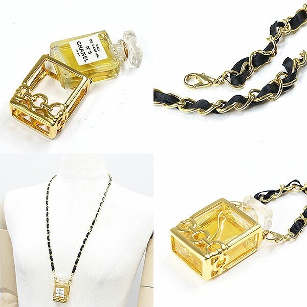 CHANEL No. 5 Perfume Bottle Necklace & Charm Gold Black Perfume Metal/Leather