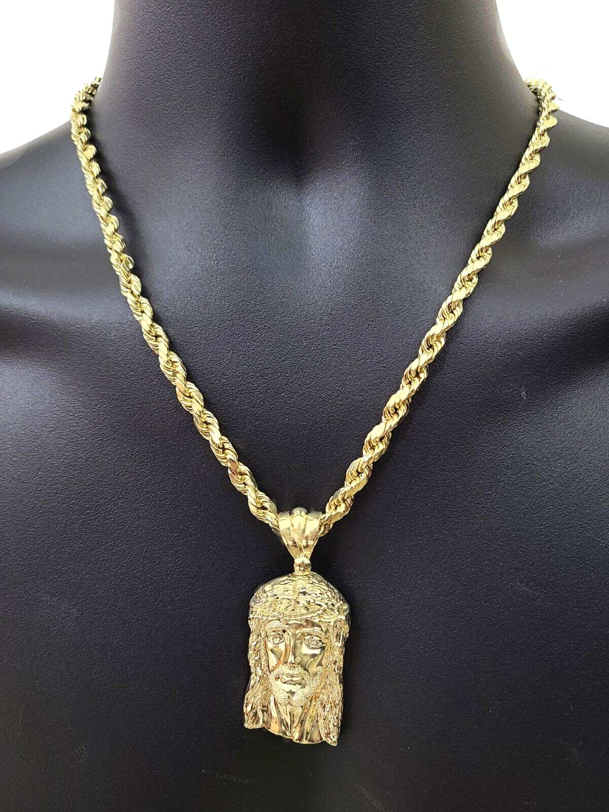 REAL 10k Rope Chain & Jesus Head Charm Pendant 6mm 18″-28″ Necklace & Jesus Face