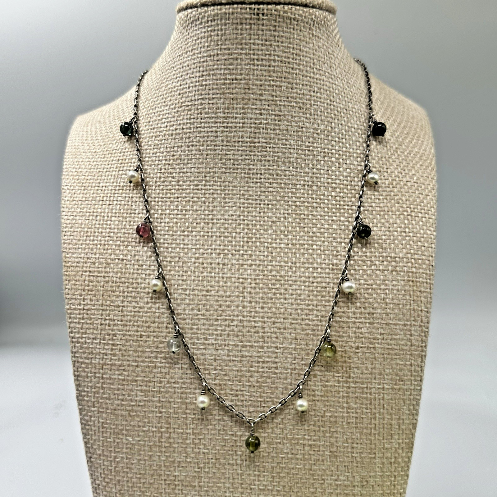 Sterling Silver Mixed Gemstone Pearl Station Necklace Dangling Multicolor Beads