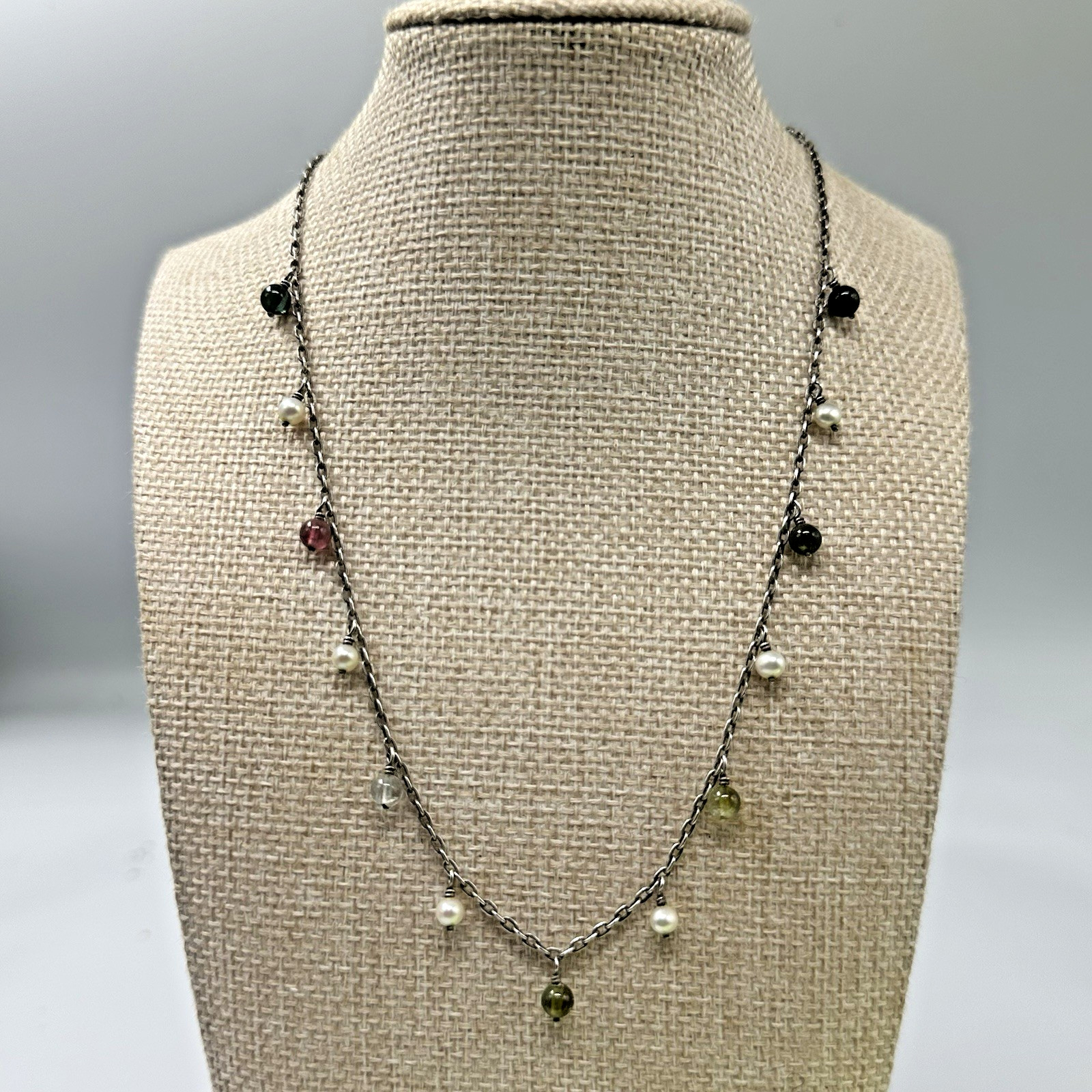 Sterling Silver Mixed Gemstone Pearl Station Necklace Dangling Multicolor Beads
