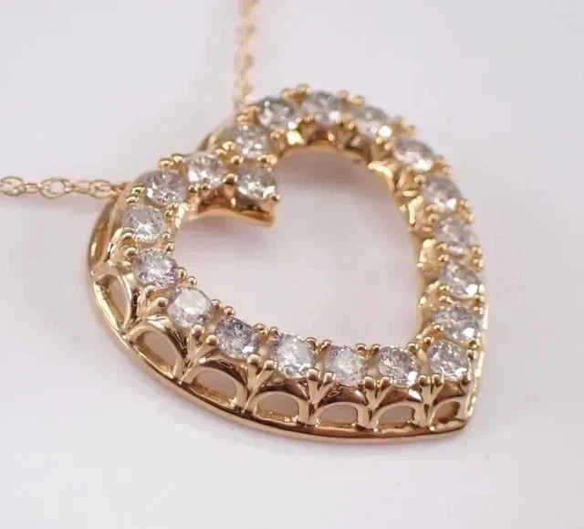 14K Yellow Gold Plated 1.00Ct Round Cut Real Moissanite Open Heart Pendant