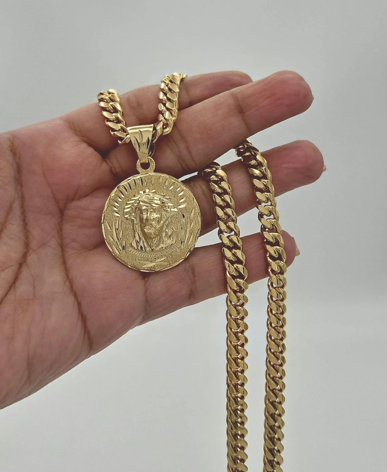 Gold Large Jesus Necklace, 7mm Curb Link, 14k Gold Plated, Waterproof, No Fade