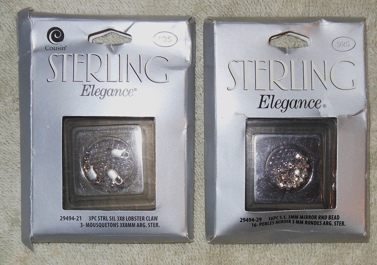 NOS 925 Sterling Silver 3x8MM Lobster Claw Clasps(3) & 3MM Mirror Rnd Beads (16)