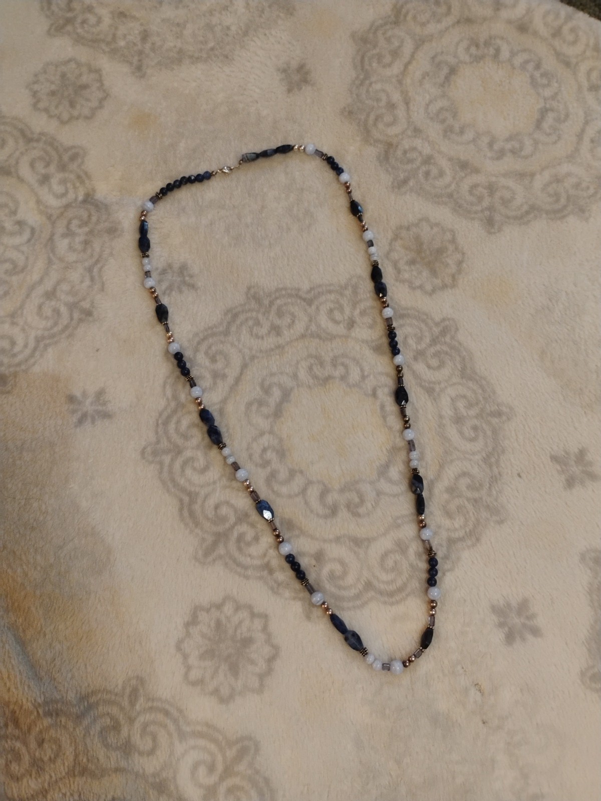 Sterling And Lapis Necklace MOP Silver Beads 36in Unique Handmade Beautiful