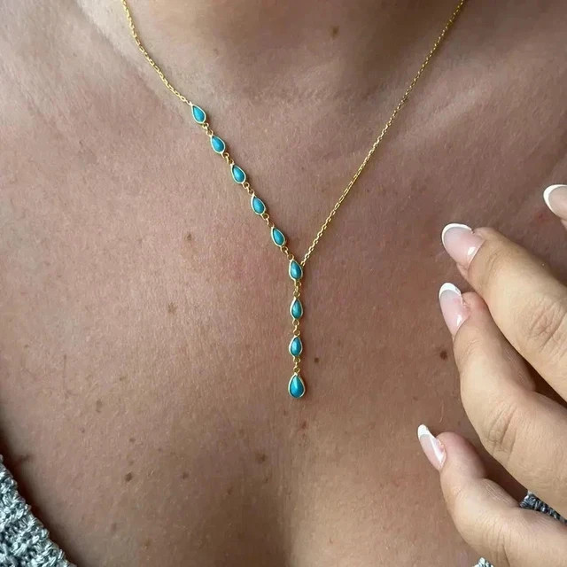3Ct Pear Cut Lab Created Turquoise Teardrop Y Necklace In 14k Yellow Gold Plated