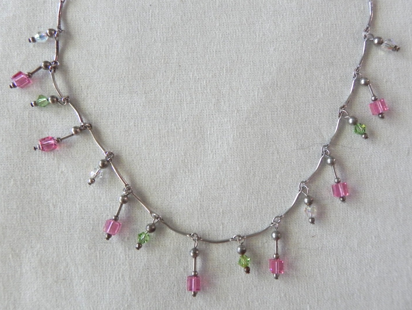 Dainty Sterling Silver Drop Station Necklace Curved Bar Link Pink crystal beads