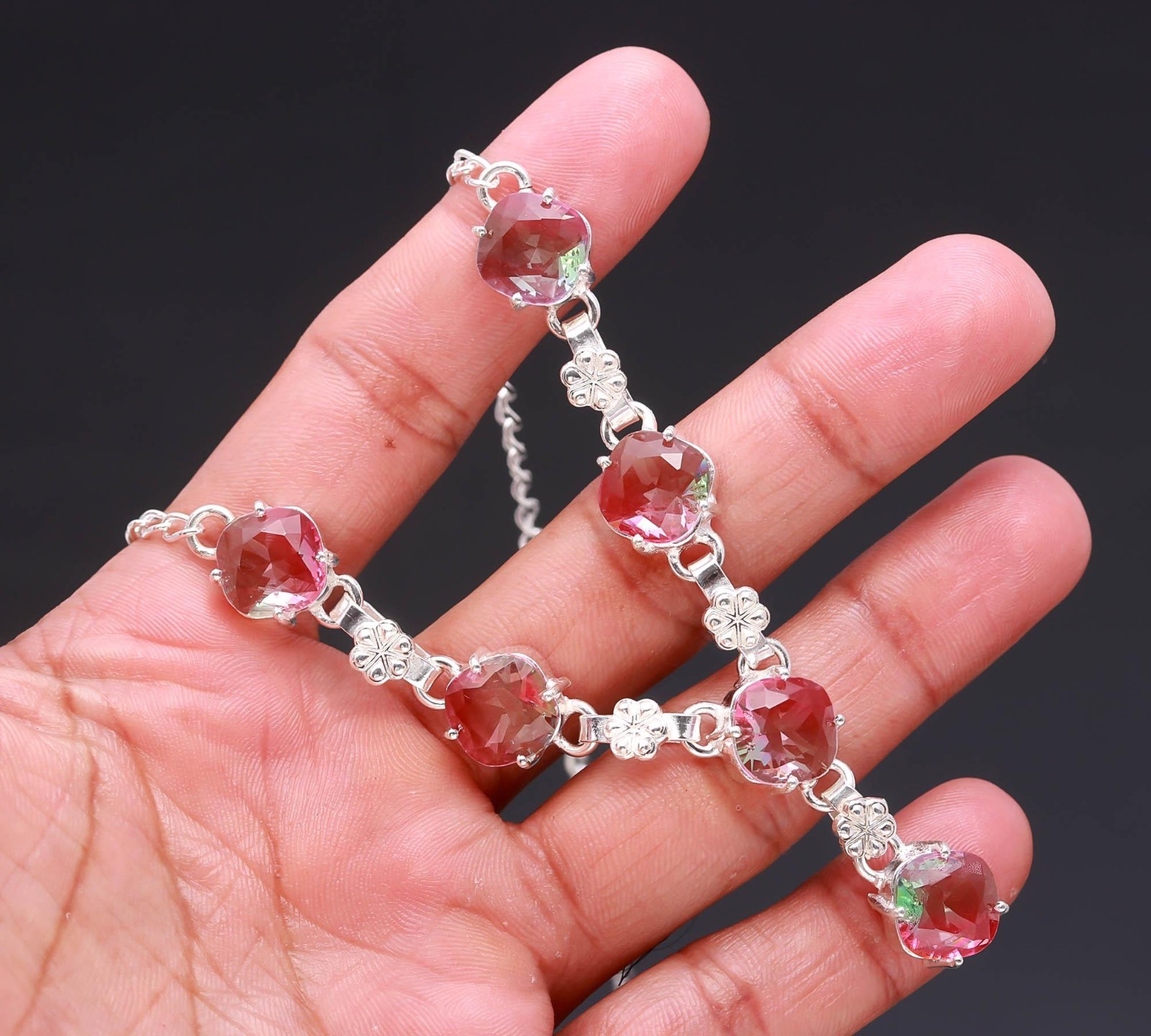 Multi Color Gemstone Handmade 925 Sterling Silver Jewelry Necklace -18″