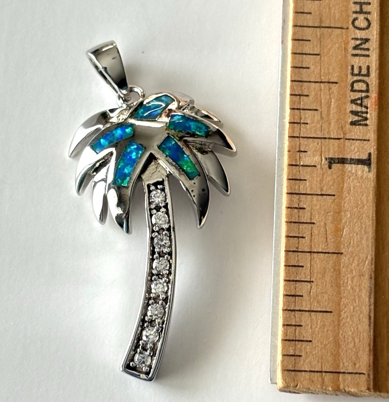 Sterling Silver 925 Palm Tree Pendant Opal & CZ Inlay Tropical Jewelry 1.5″ Long