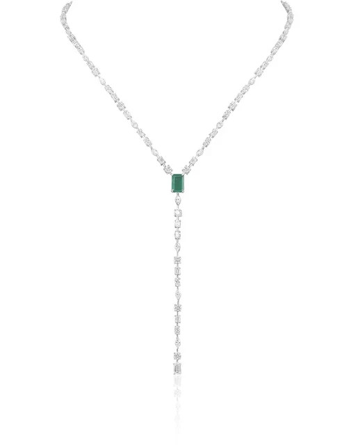 12.00 Ct Green Emerald and Diamond Lariat Y Drop Necklace 14K White Gold Plated