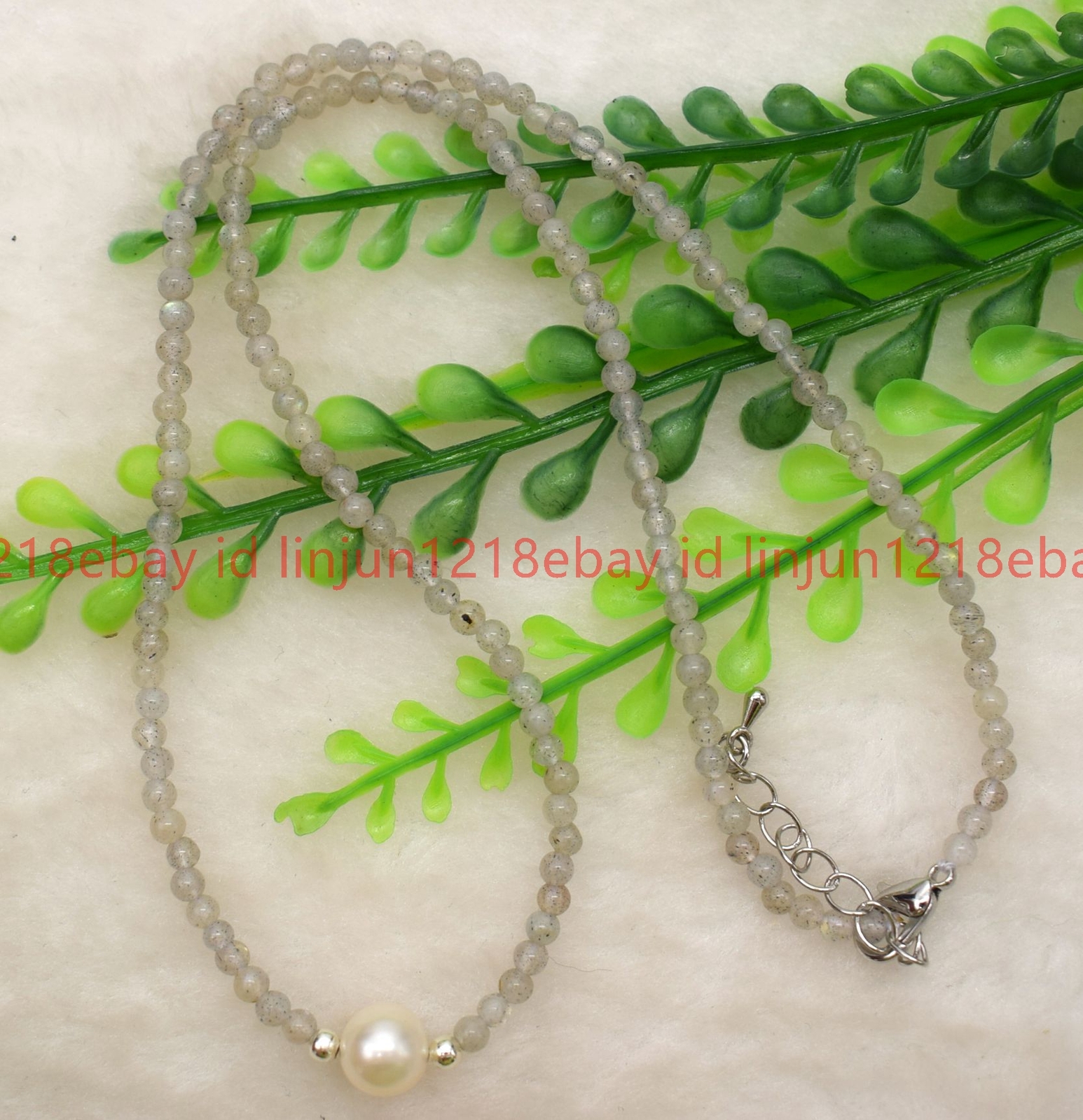 Faceted 3mm Gray Labradorite Round Gemstone Beaded White Pearl Necklace 16-28in