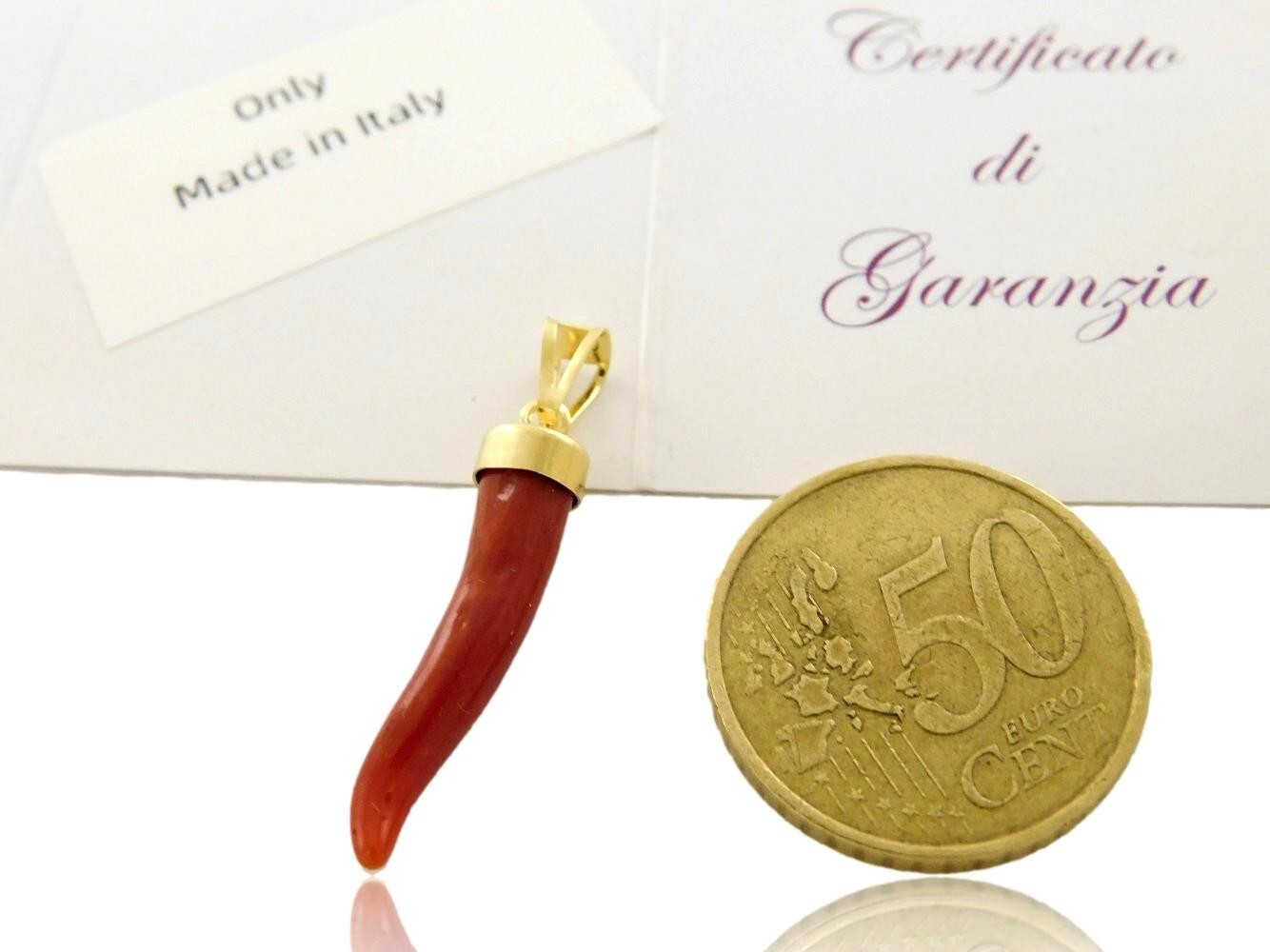 Pendant Italy Horn in 18k gold of Coral Red and 750 Cornicello Italian Gemstone
