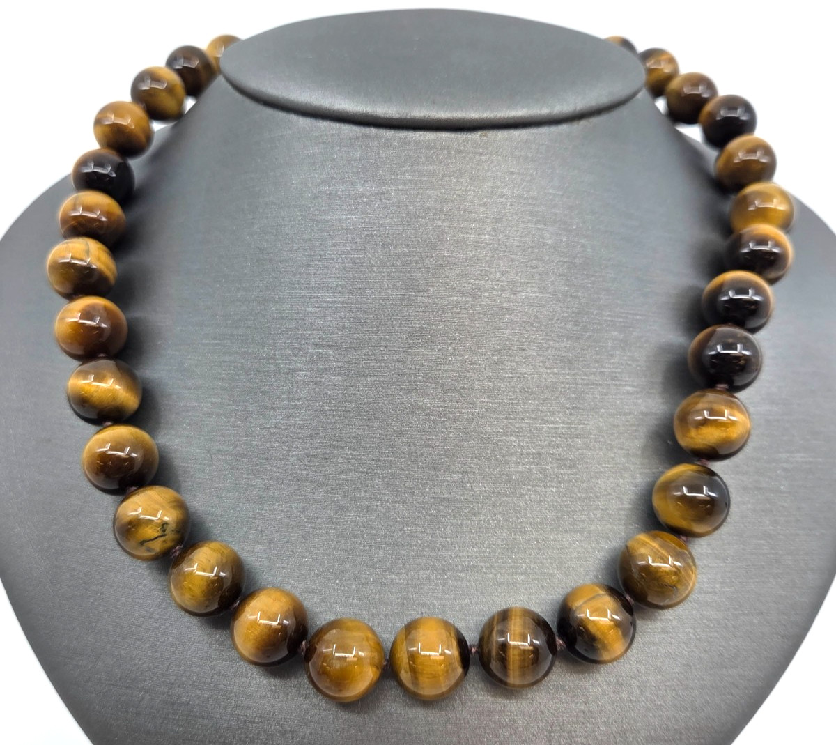 Tiger’s Eye Necklace Sterling Silver 925 Clasp 16” Bead size 12 MM