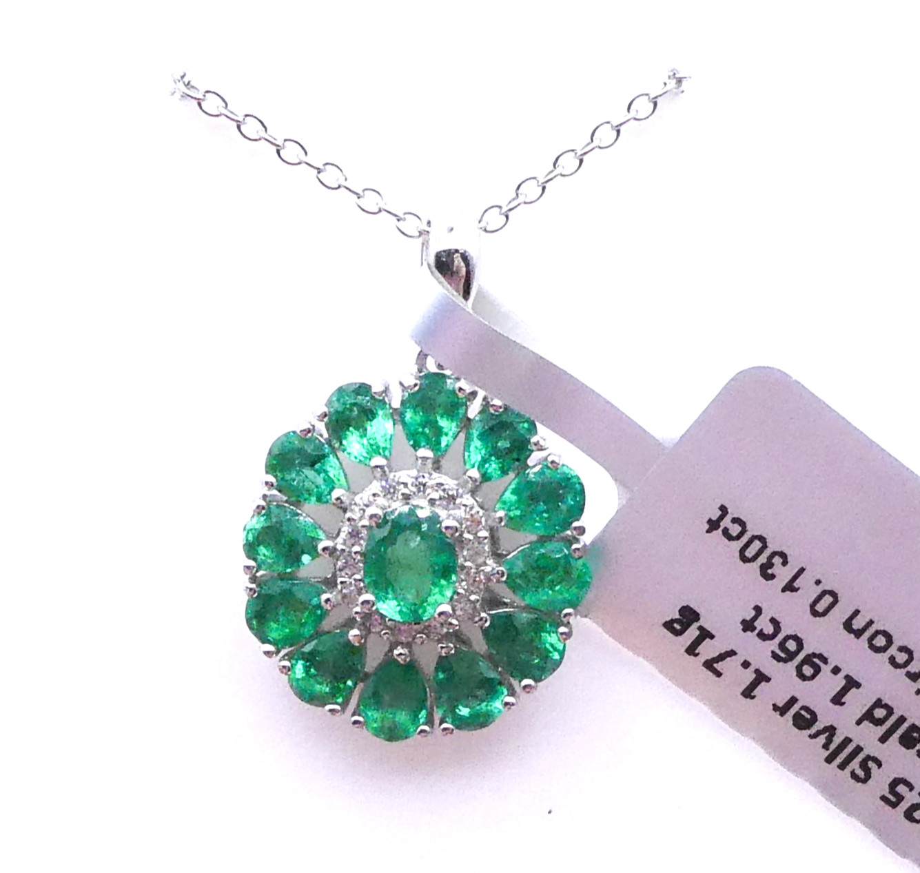 Green Zambian Emerald Flower Halo Sterling Silver New Rhodium Plated Necklace