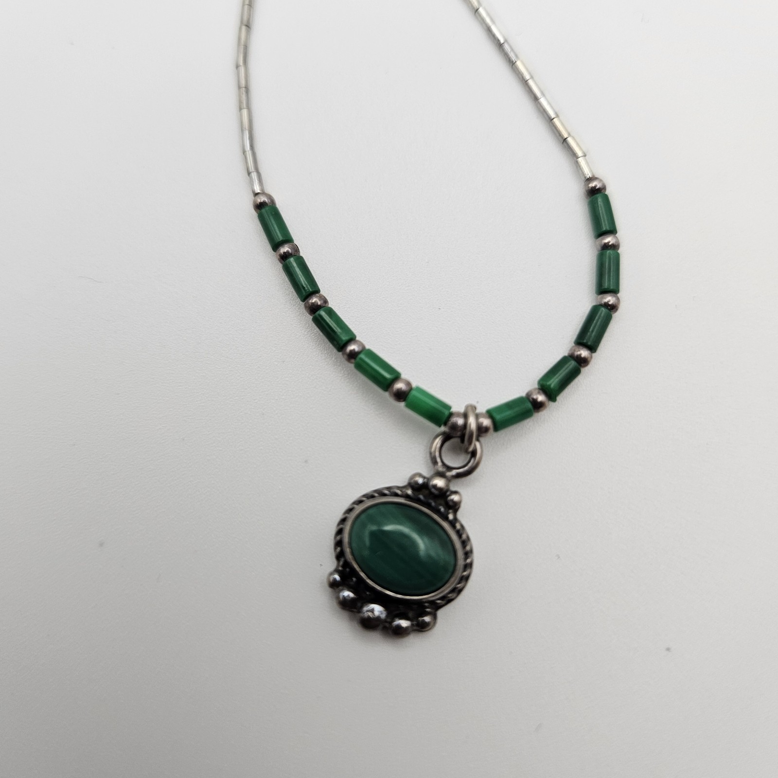 925 Sterling Silver Malachite Liquid Silver Southwestern Boho Necklace