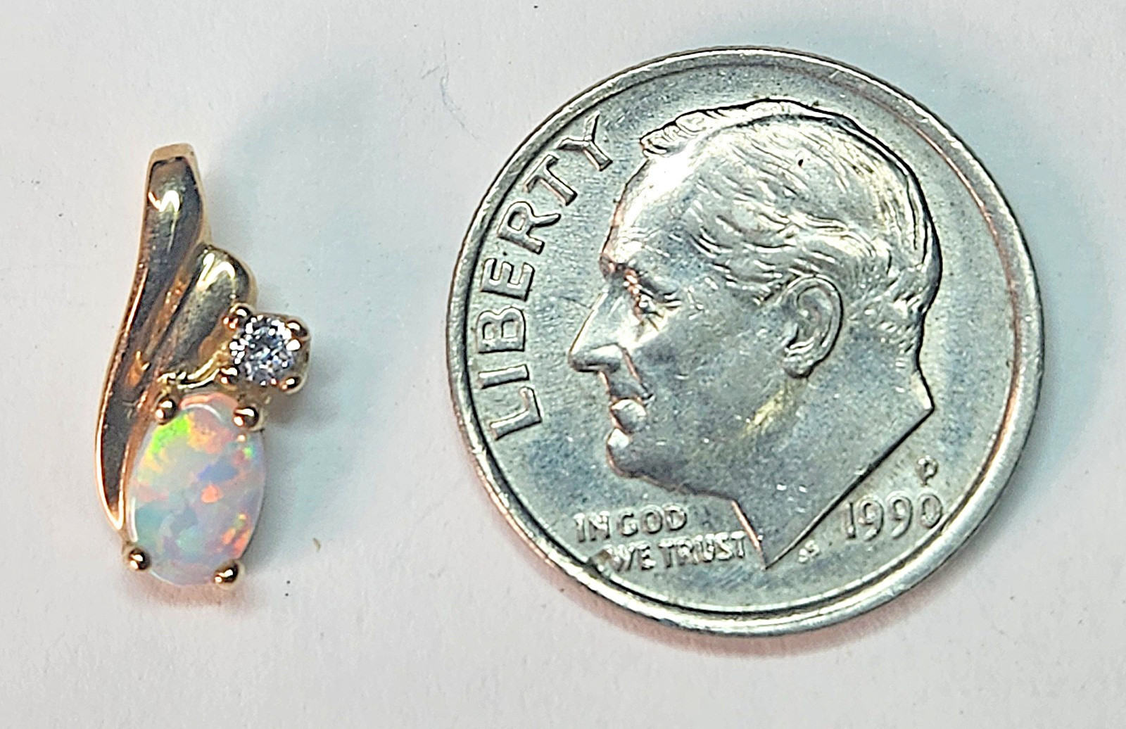 Petite 10k Yellow Gold Oval White Opal Pendant in Prong Setting Charm Pendant