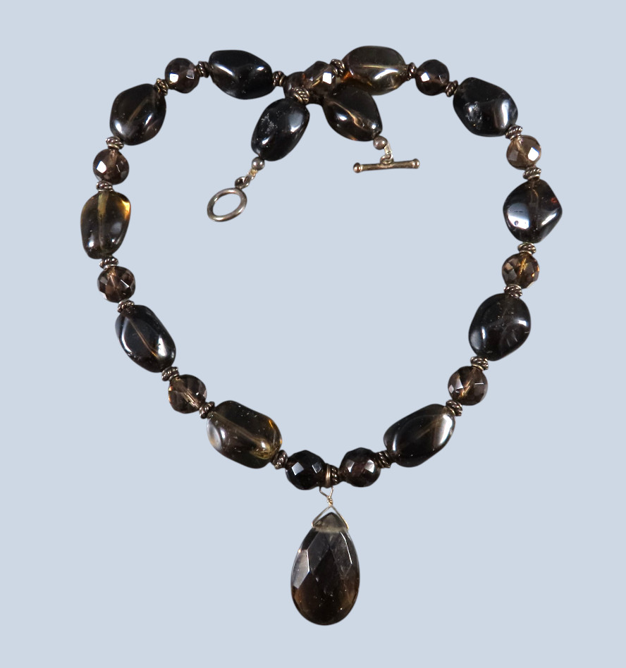 STERLING SILVER Brown Smoky Quartz BEADED NECKLACE Faceted Beads Nuggets PENDANT