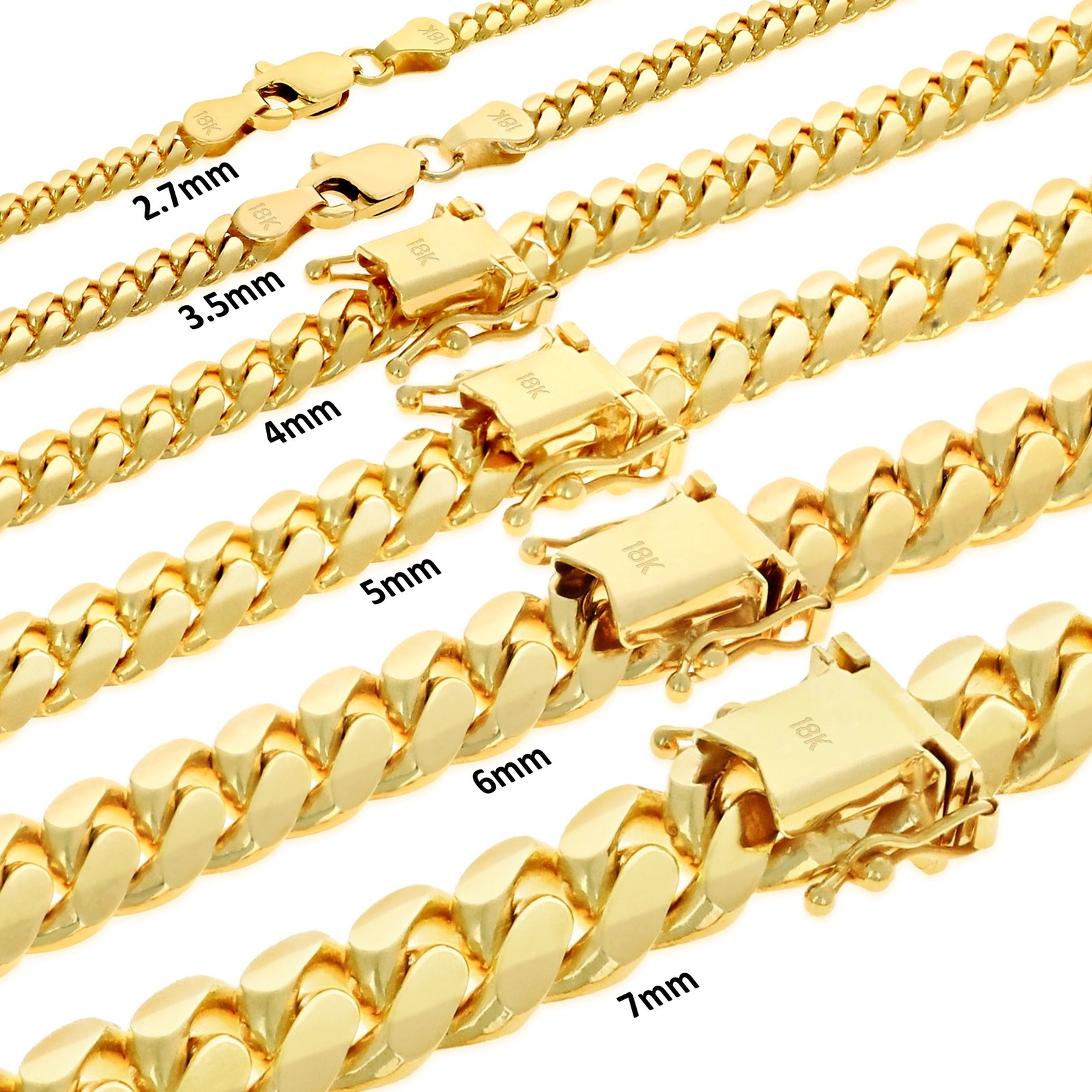 18K Yellow Gold Solid 2.7mm-7mm Miami Cuban Chain Necklace Mens Womens 16″-30″