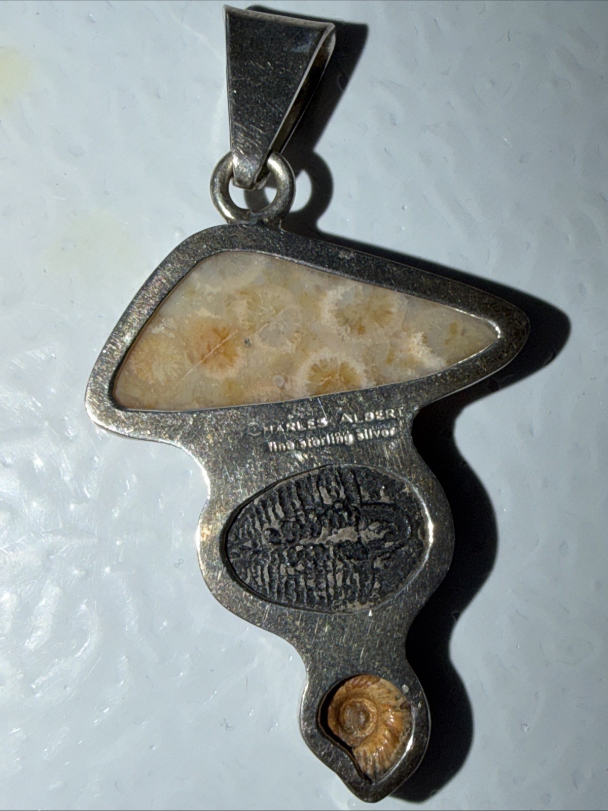 Charles Albert Fine Sterling Rare Multiple Fossil Pendant