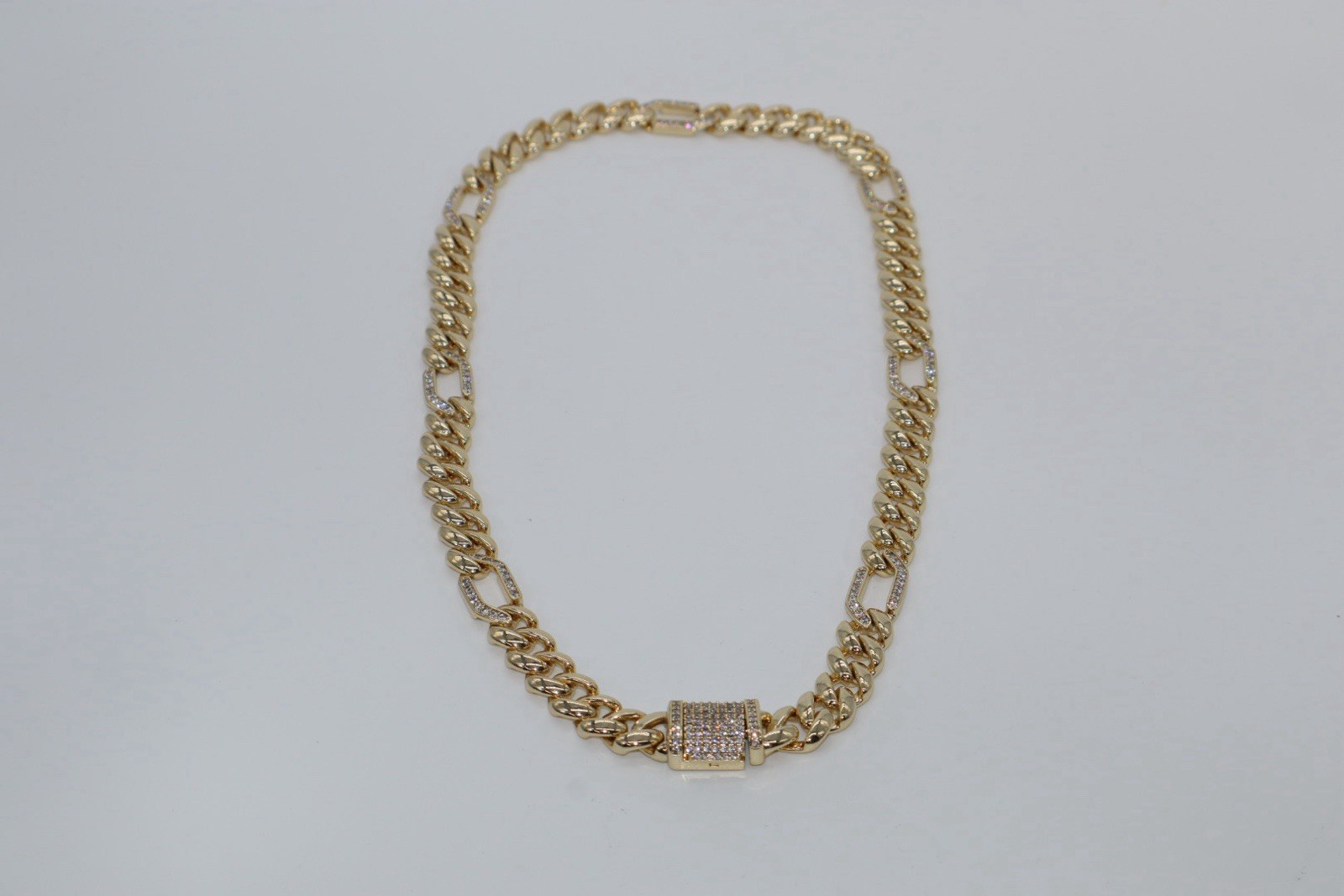 Gold-Tone Curb Link Chain Necklace Clear Round Crystal Pavé Box Clasp