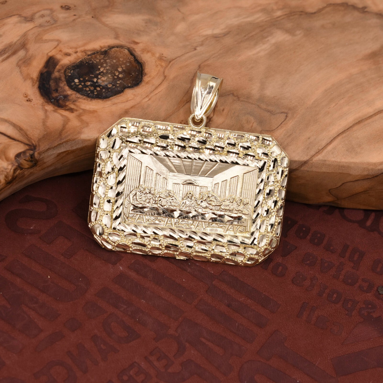 Rectangle Last Supper Textured Nugget Charm Pendant Real Solid 10K Yellow Gold