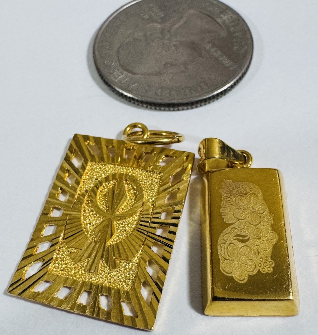 Gold 22K Solid 916 Real Gold Two Set (2) Bar/ Sikh Allah Devine Pendant 5.2g