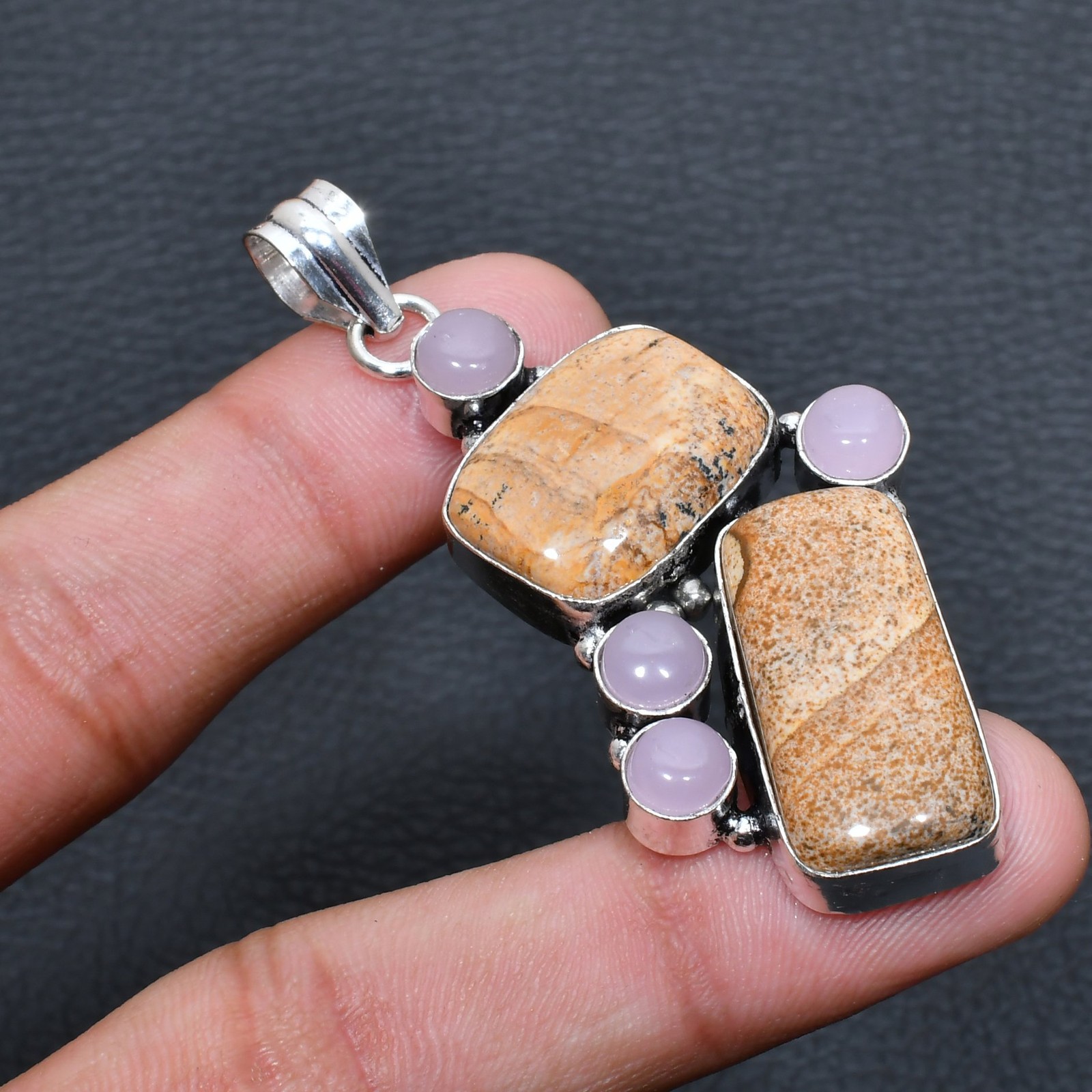 Picture Jasper, Pink Chalcedony 925 Sterling Silver Jewelry Pendant 2.46″ q908