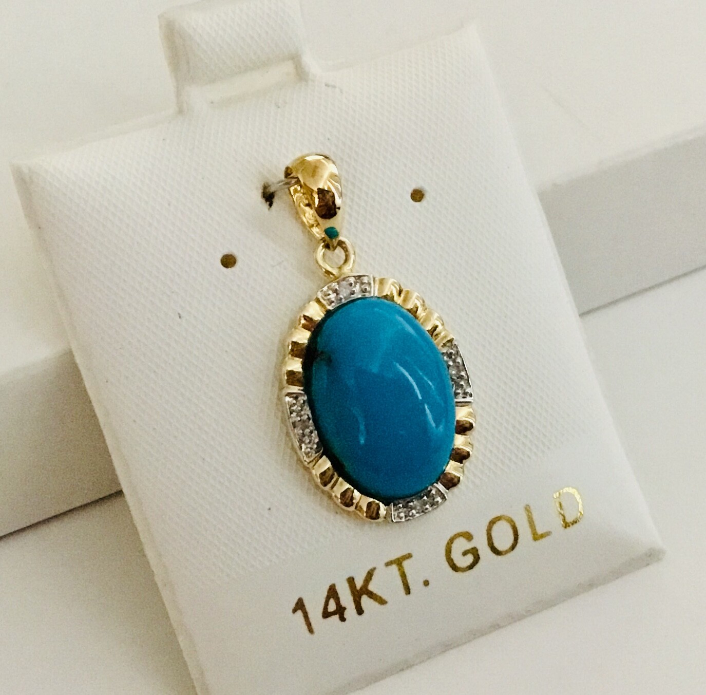 Solid 14K Yellow Gold Natural Turquoise & Diamonds Pendants For Necklace NEW