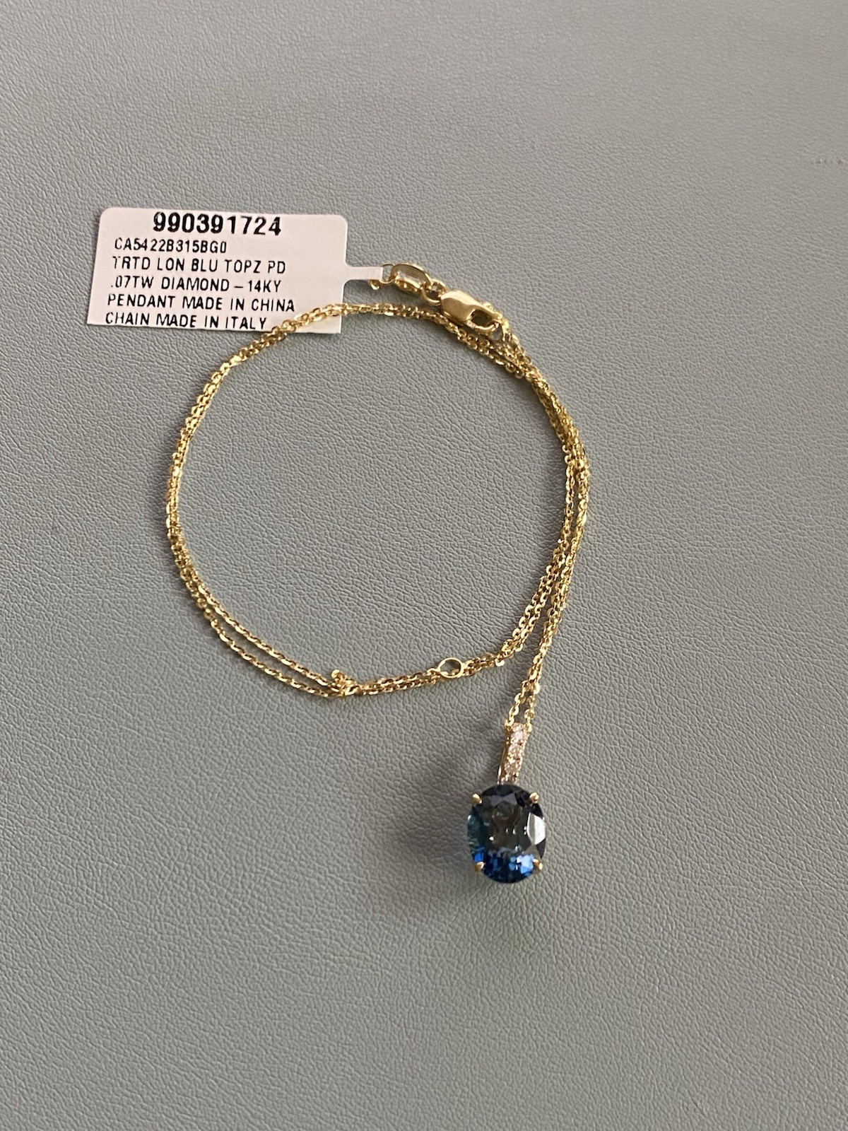 14K Solid Yellow Gold Oval London Blue Topaz & Diamonds Pendant Necklace 18.0 in