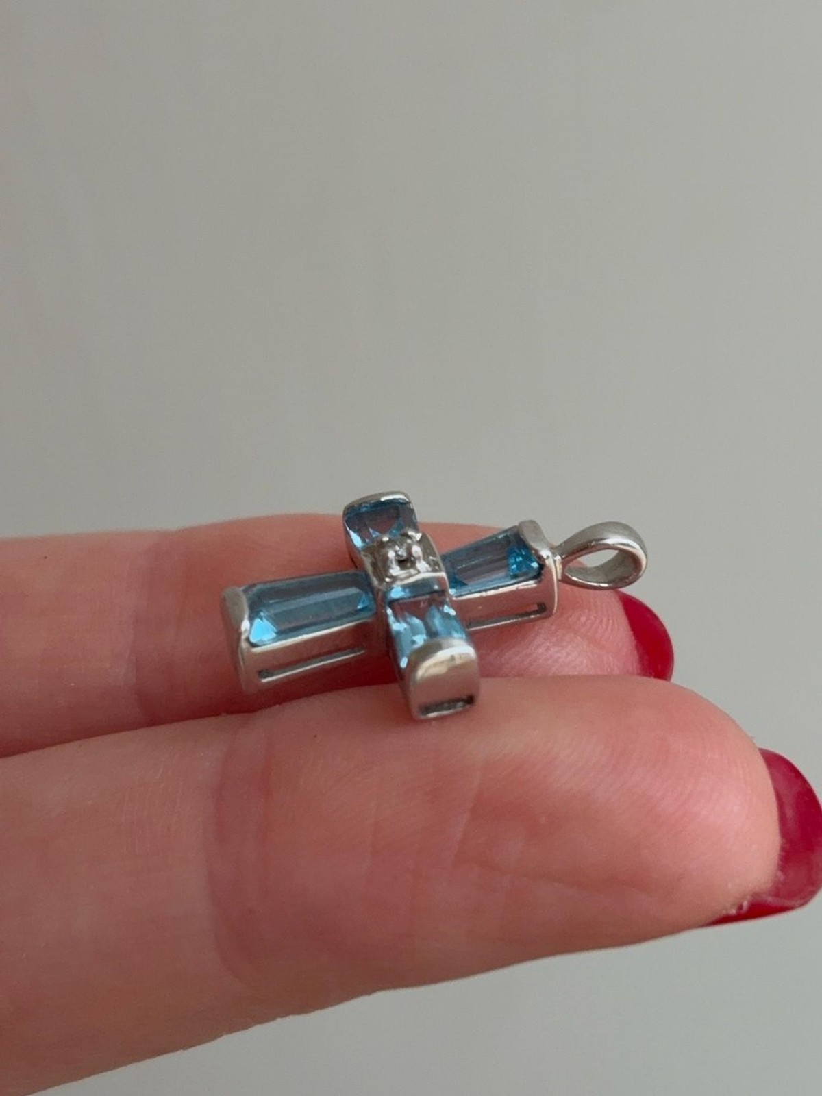 14k White Gold Vintage Diamond Blue Topaz Gemstone Cross Pendant