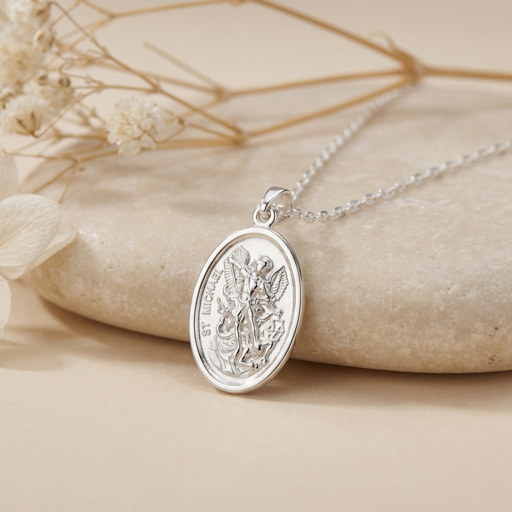 Sterling silver St Michael and Guardian Angel pendant necklace and 18 inch Chain