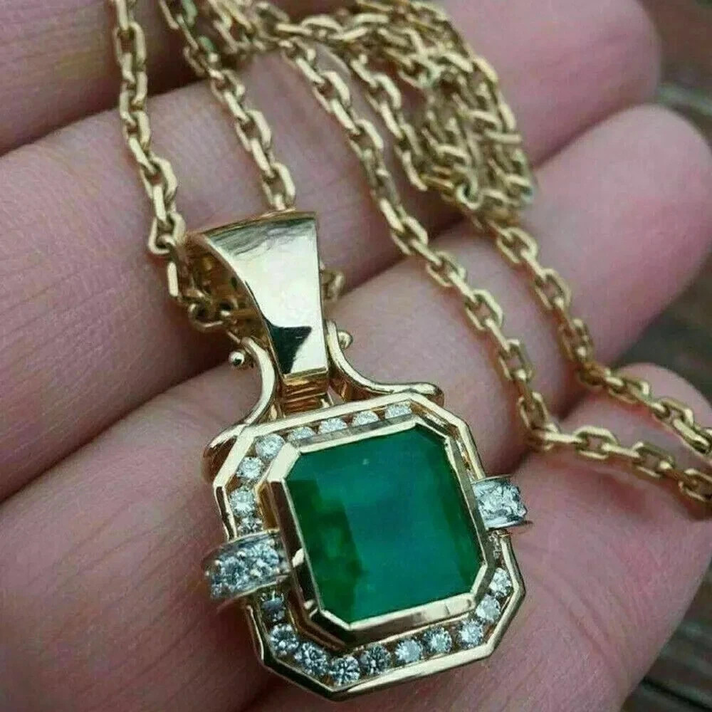 4 Ct Asscher Cut Lab-Created Emerald Women’s Halo Pendant 14K Yellow Gold Plated