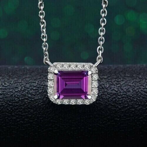2Ct Emerald Cut Lab-Created Amethyst Halo Pendant 14k White Gold Plated Silver