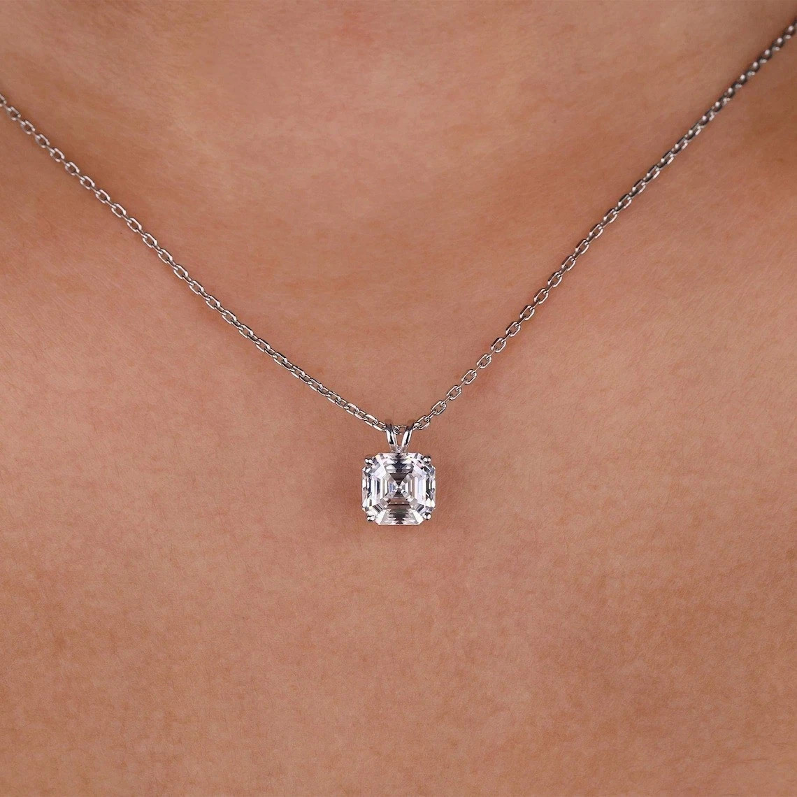 2CT Asscher Cut Solitaire Moissanite Wedding Pendant 14K White Gold Plated