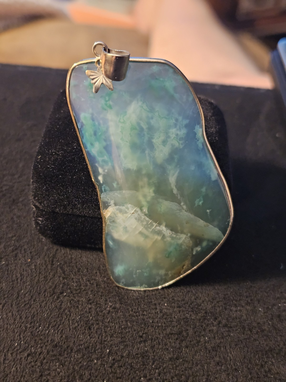 925 Sterling Silver Green Jade Freeform Pendant Bezel Set Butterfly Signed