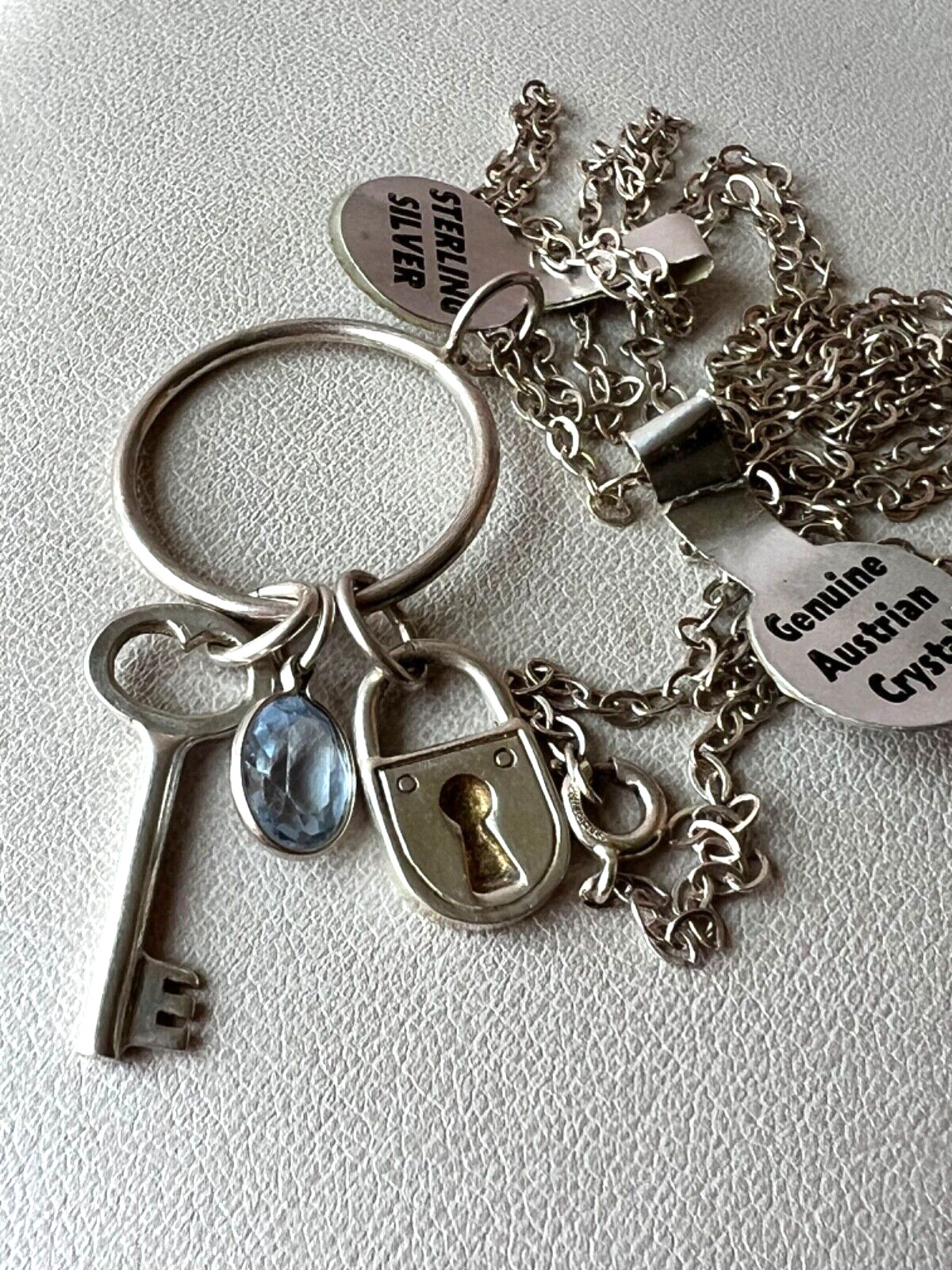 KEY, LOCK, BLUE CRYSTAL LARIAT PENDANT NECKLACE LONG CHAIN 925 STERLING SILVER