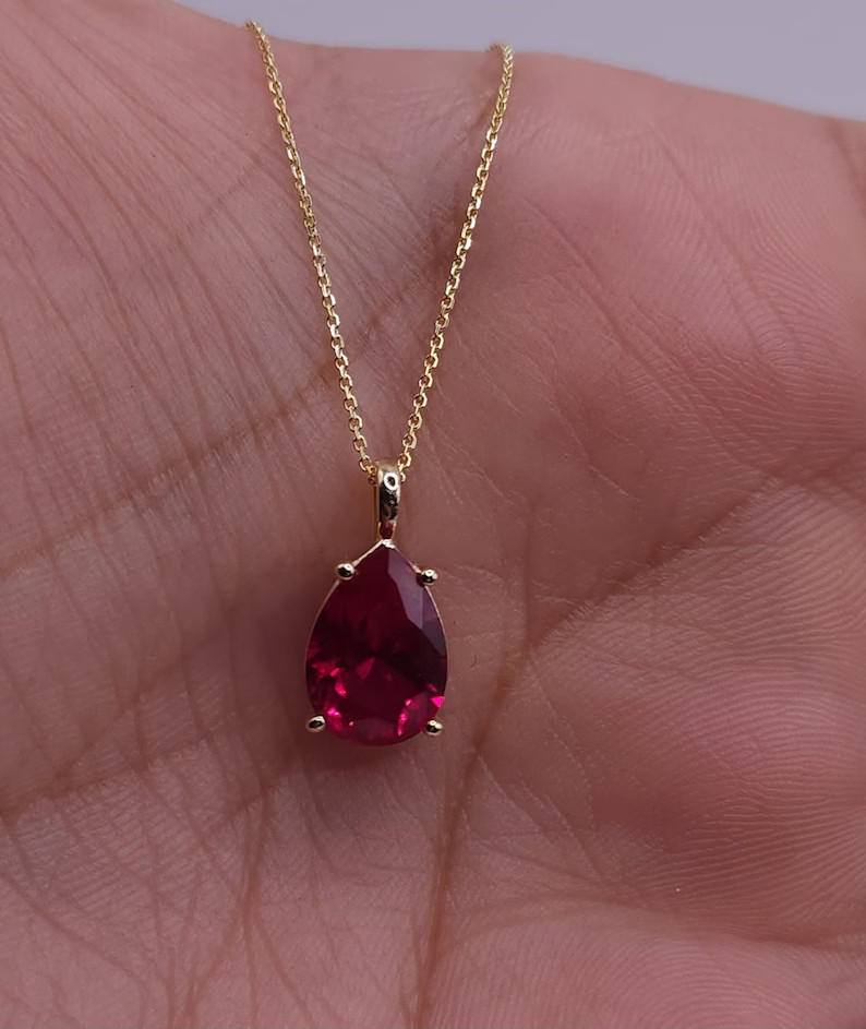 3Ct Created Red Ruby Pear Shape Pendant 14K Yellow Gold Plated W/F Chain 18”
