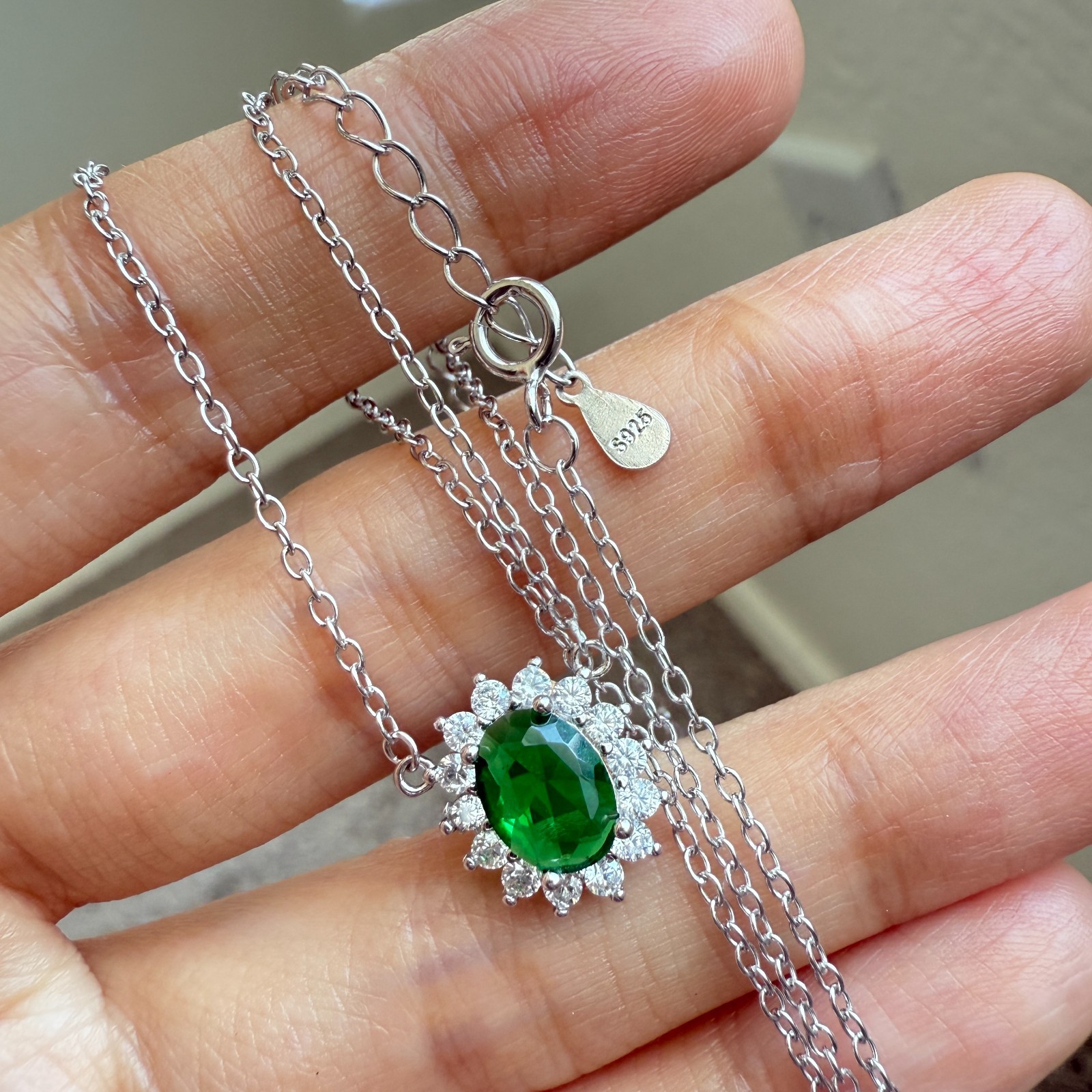 925 Sterling Silver Necklace 8x6mm Natural Emerald Zircon Flower Handmade Chain