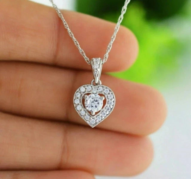 925 Sterling Silver 1.10Ct Round Cut Lab Grown Diamond Halo Heart Pendant Chain