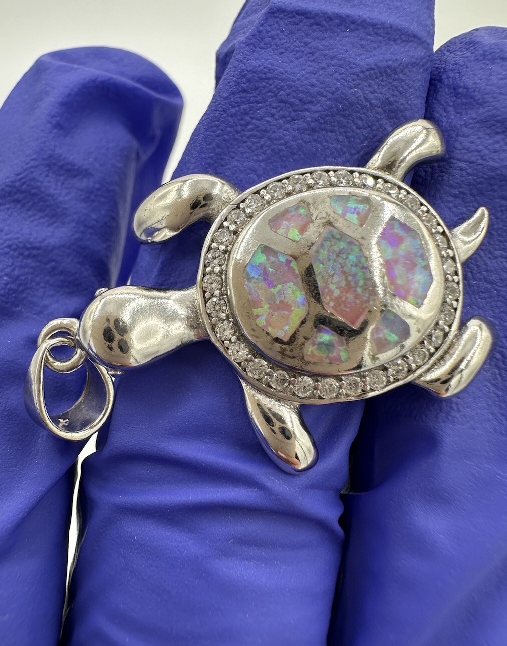 NEW Sterling Silver 925 Female Multicolor Opal Cute Sea Turtle Pendant 1.4”