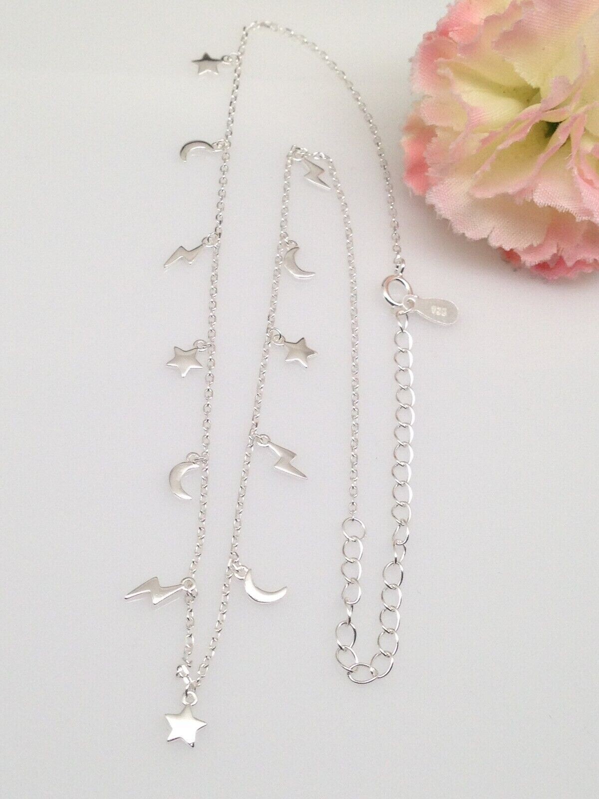 925 Sterling Silver Star Moon Lightning Station Choke Necklace Girls 6mm 15.5″