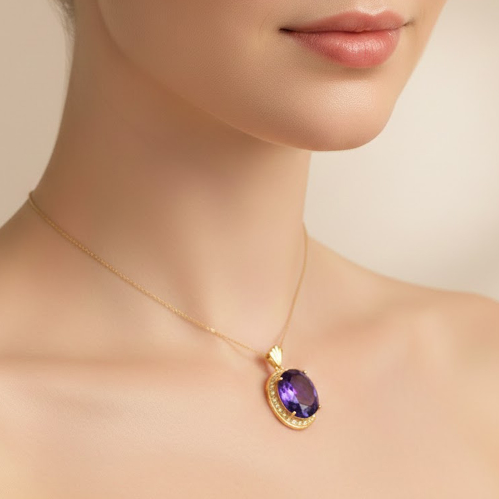 24K Gold 925 Sterling Silver Pendants Dazzling Rich Purple Amethyst Oval 22.15Ct