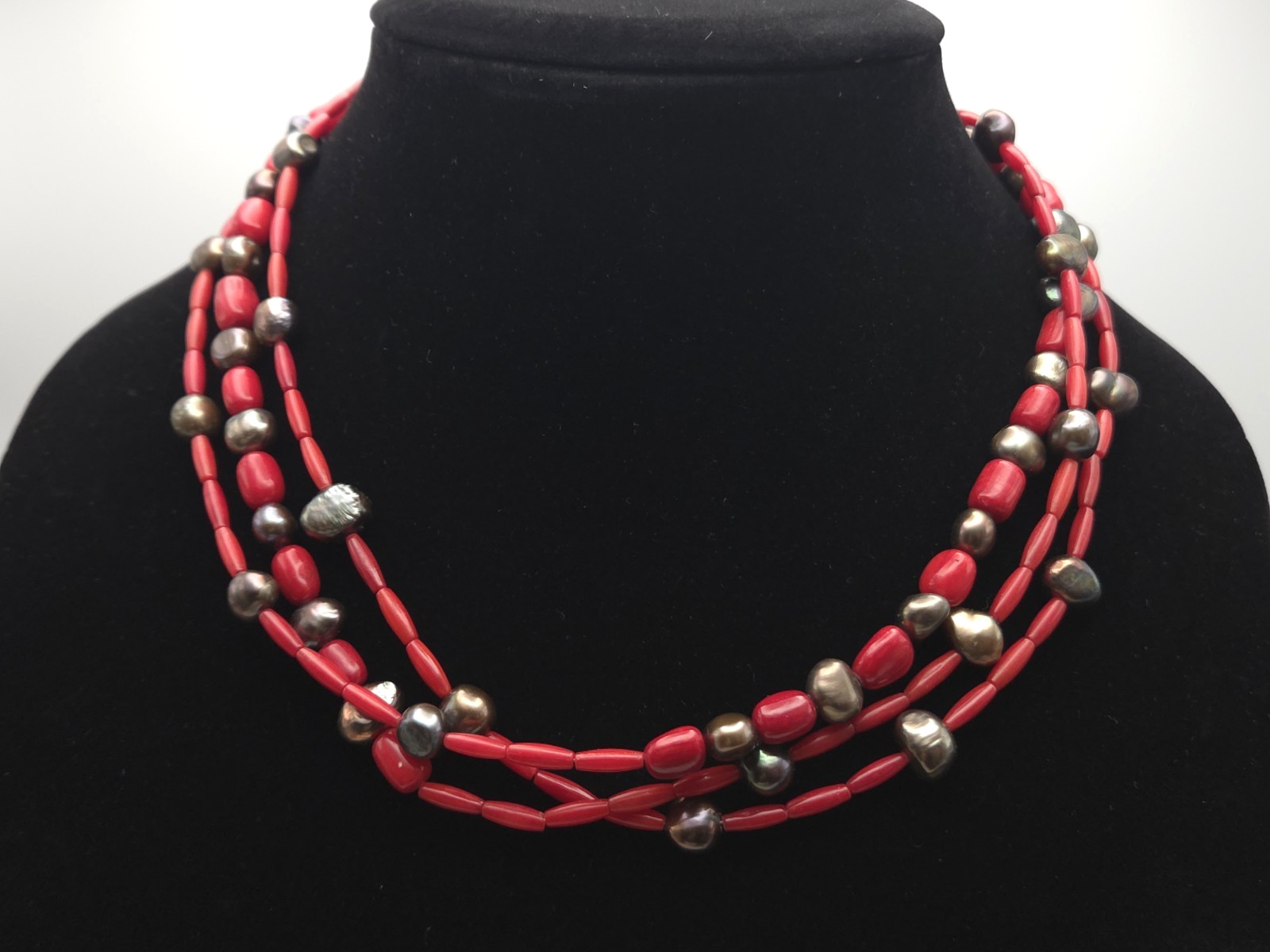 Desert Rose Trading Sterling Silver Black Baroque Pearl Red Coral Necklace