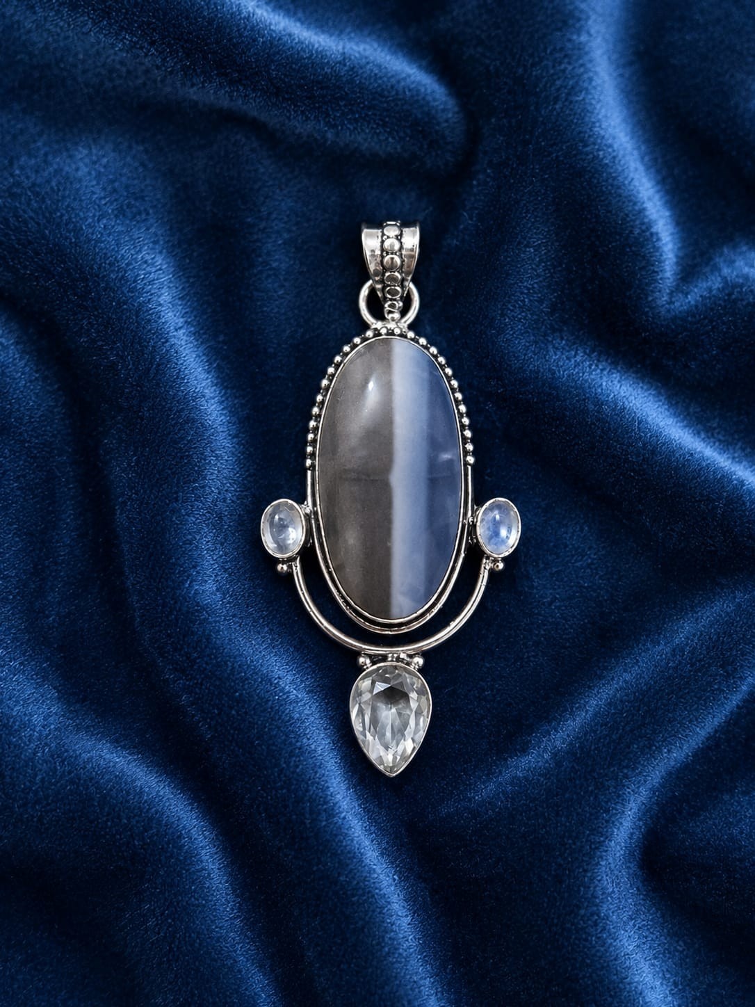 925 Sterling Silver Rainbow Moonstone Blue Moonstone White Topaz Pendant