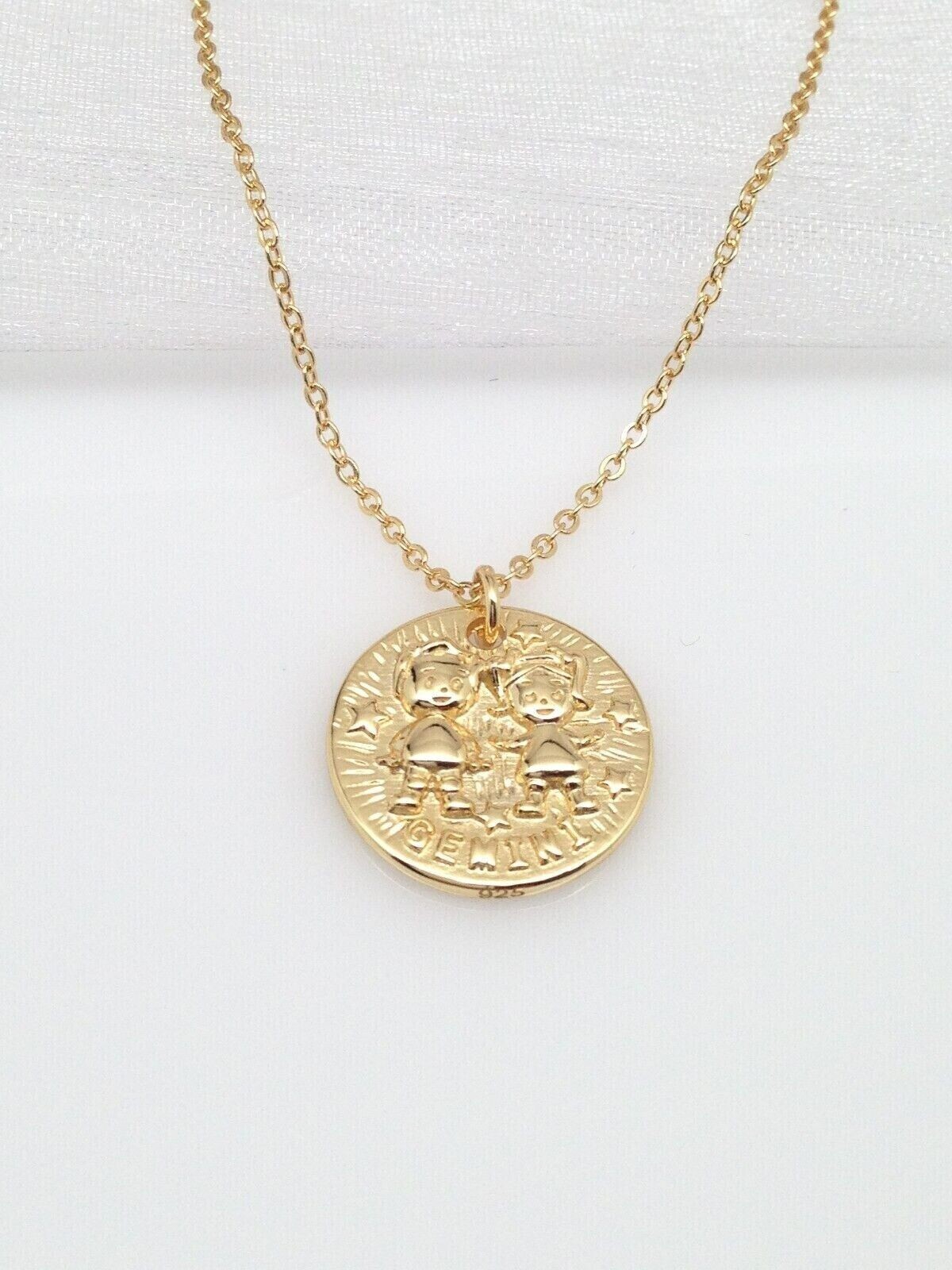 925 Sterling Silver Round Gold Zodiac Gemini Pendant Necklace Women 15mm 18″