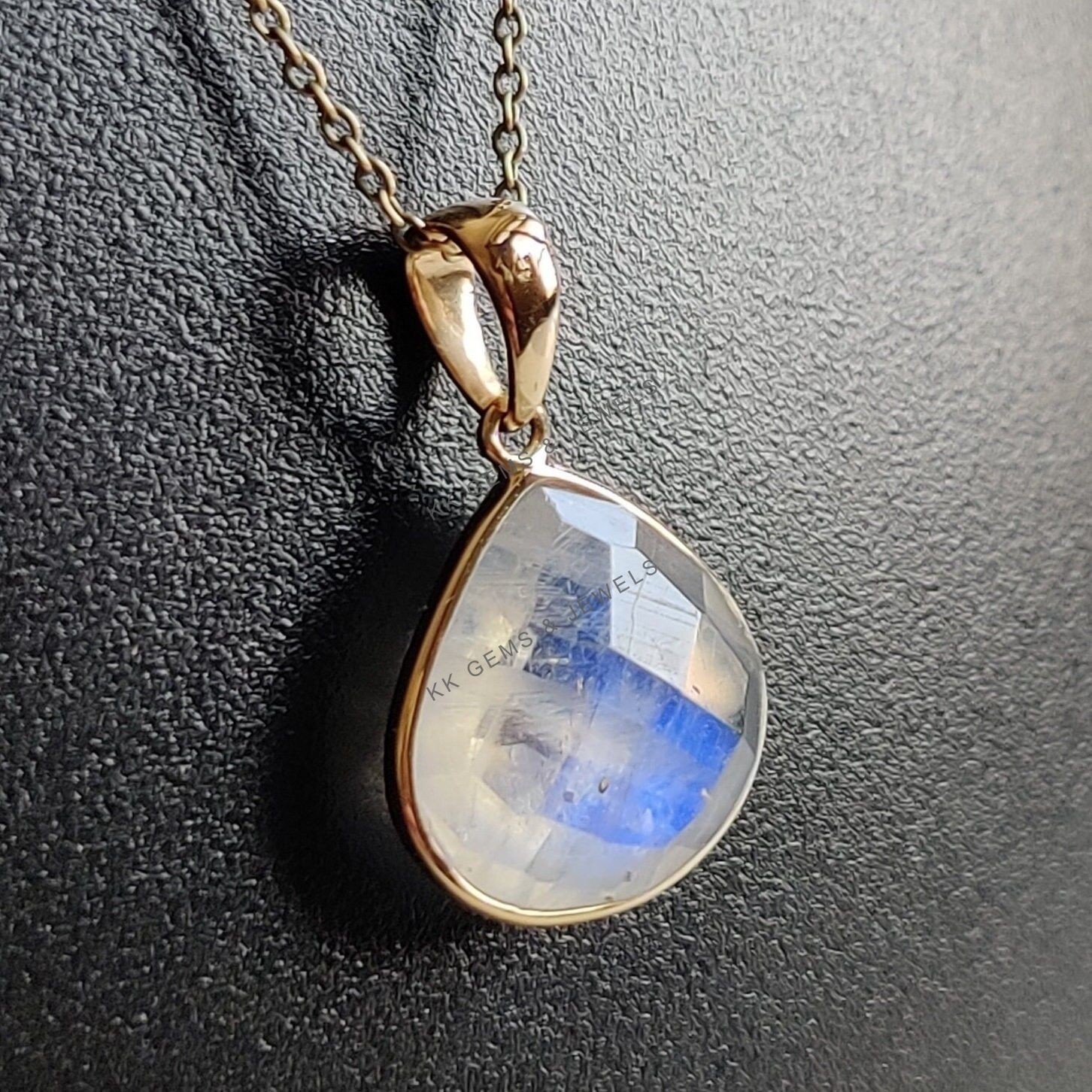 5.80 Ct Natural Rainbow Moonstone Pendant 14K Gold Bezel June Birthstone Gift