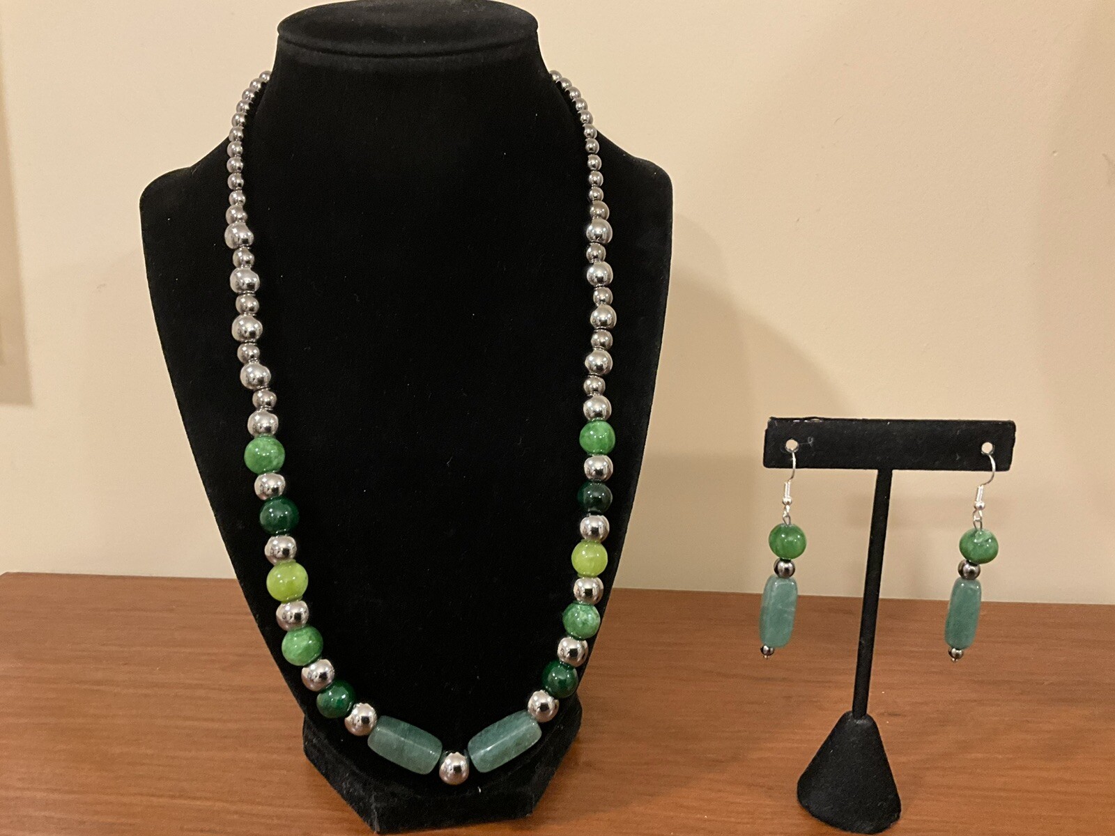 New Handmade Green Jasper Stone Gun Metal Bead Necklace 925 Earrings Set #Z